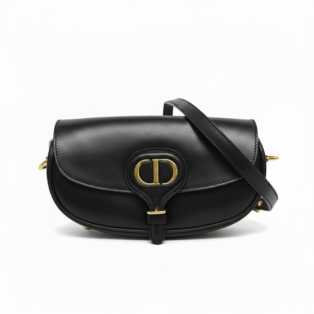 authentic preloved christian dior bobby east-west black calfskin leather crossbody strap handbag with CD gold logo in the front in very good condition 