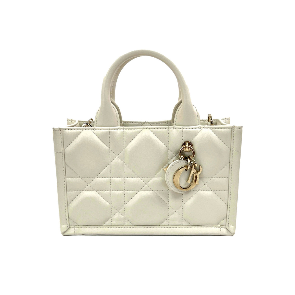 christian dior mini white leather tote bag with dior charms in gold in excellent condition for sale 