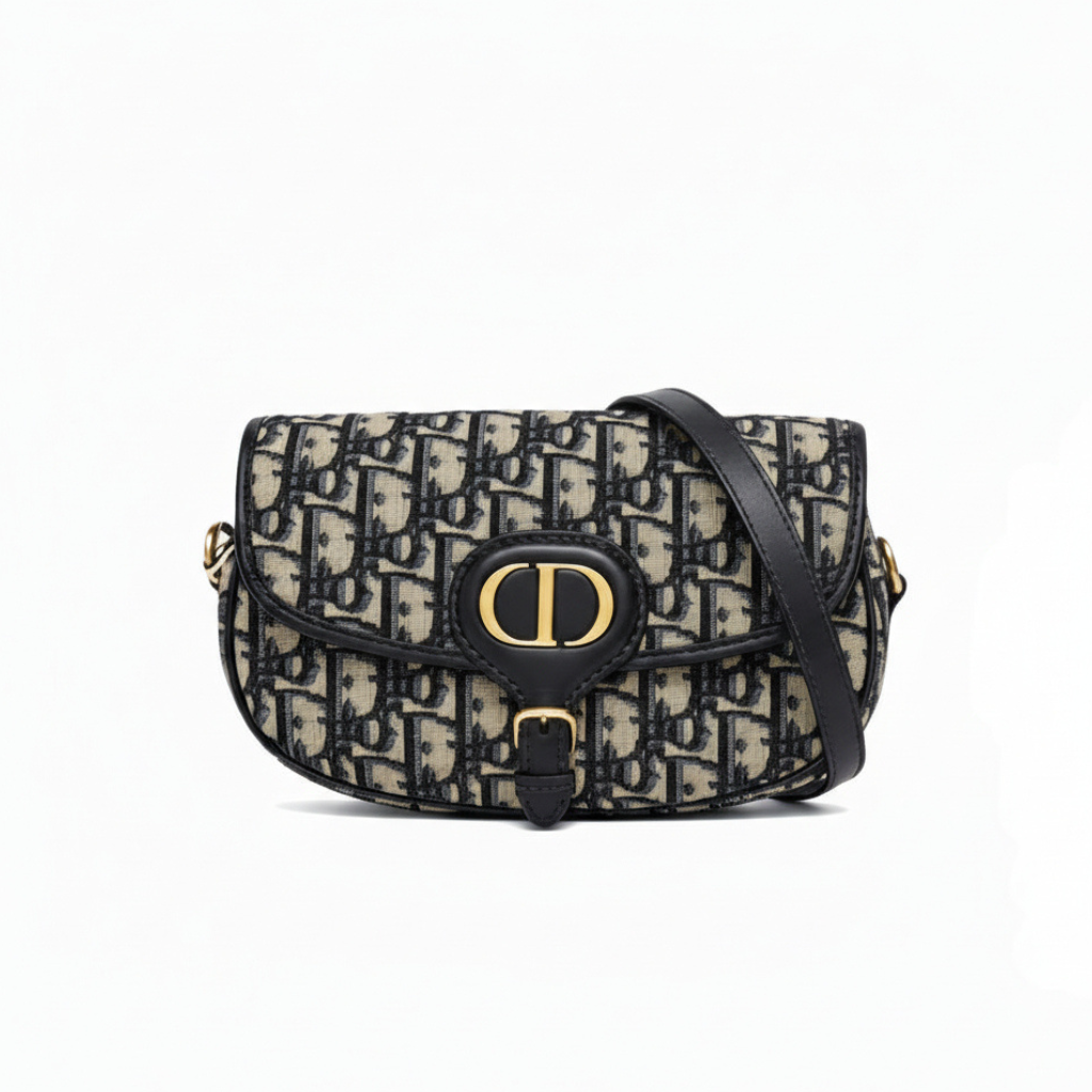 authentic preowned christian dior bobby east-west bag in oblique canvas and black leather strap with CD gold logo in the front in excellent condition for sale 