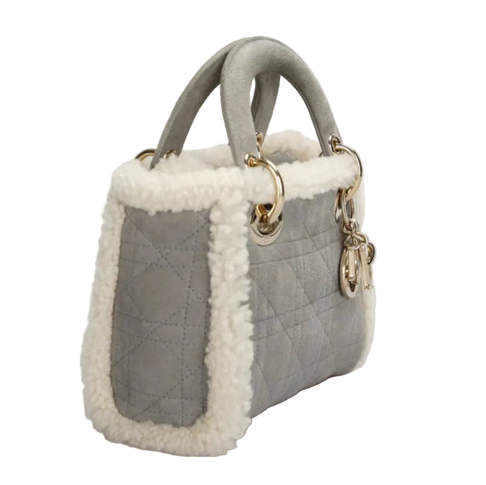 authentic used christian dior mini lady dior in grey suede cannage crossbody bag in good condition for sale 