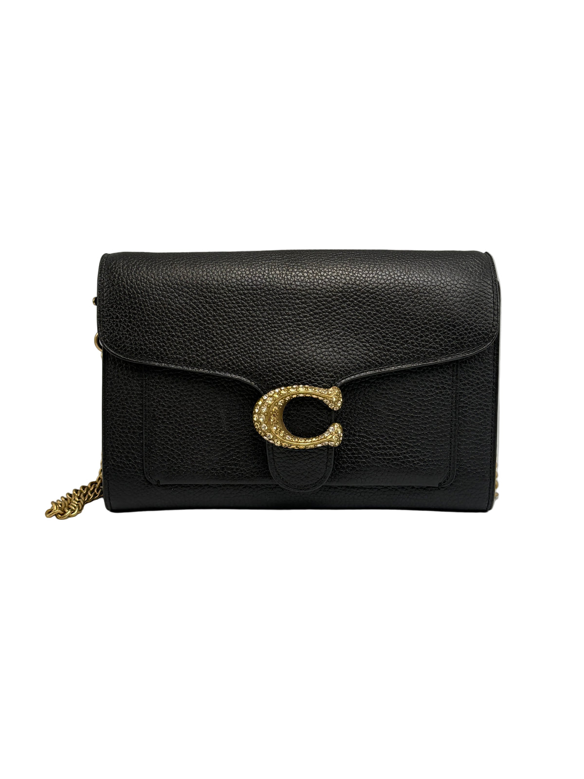 Front view of a black Coach Tabby chain clutch wallet in pebble leather featuring a crystal-embellished gold 'C' logo on the front flap.