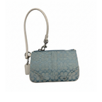 A Coach wristlet clutch in light blue embossed crocodile leather with a light beige leather wrist strap and silver-tone hardware, shown on a plain white background.