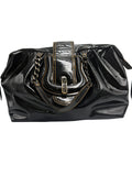 Front view of a Fendi vintage black patent leather Chef shoulder bag with contrast stitching, chain straps, and FF logo turn-lock fastener.
