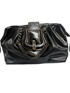 Front view of a Fendi vintage black patent leather Chef shoulder bag with contrast stitching, chain straps, and FF logo turn-lock fastener.