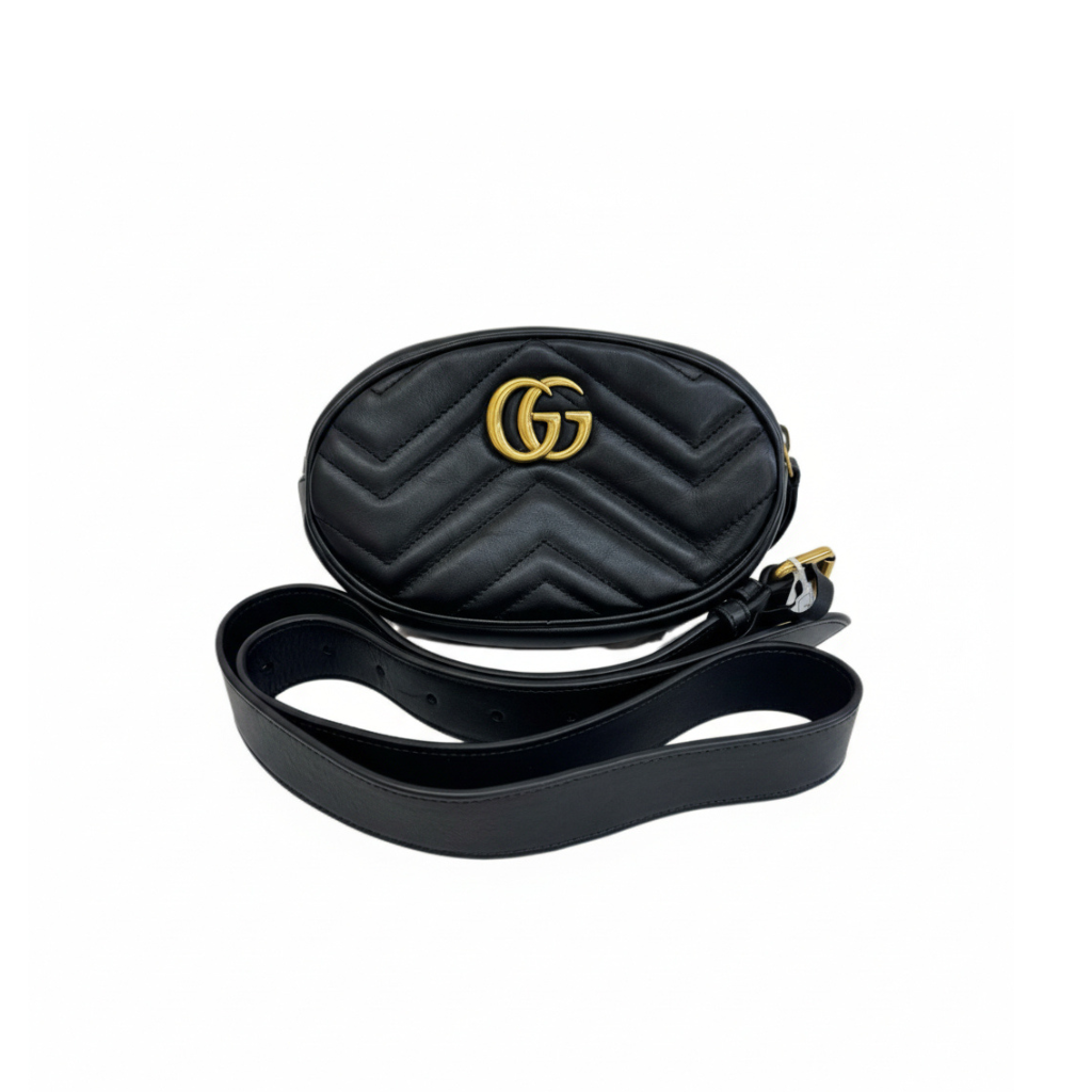 authentic preloved gucci marmont mini camer bag in luxury black leather with crossbody strap and gold hardware in very good condition for sale 