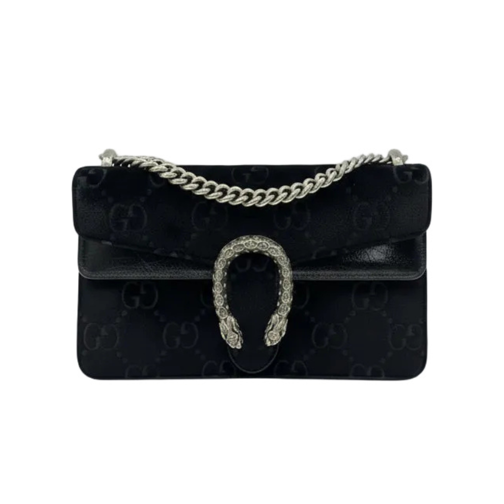 preowned authentic luxury designer  handbag dionysus size medium in black velvet very luxurious at sale discount price 