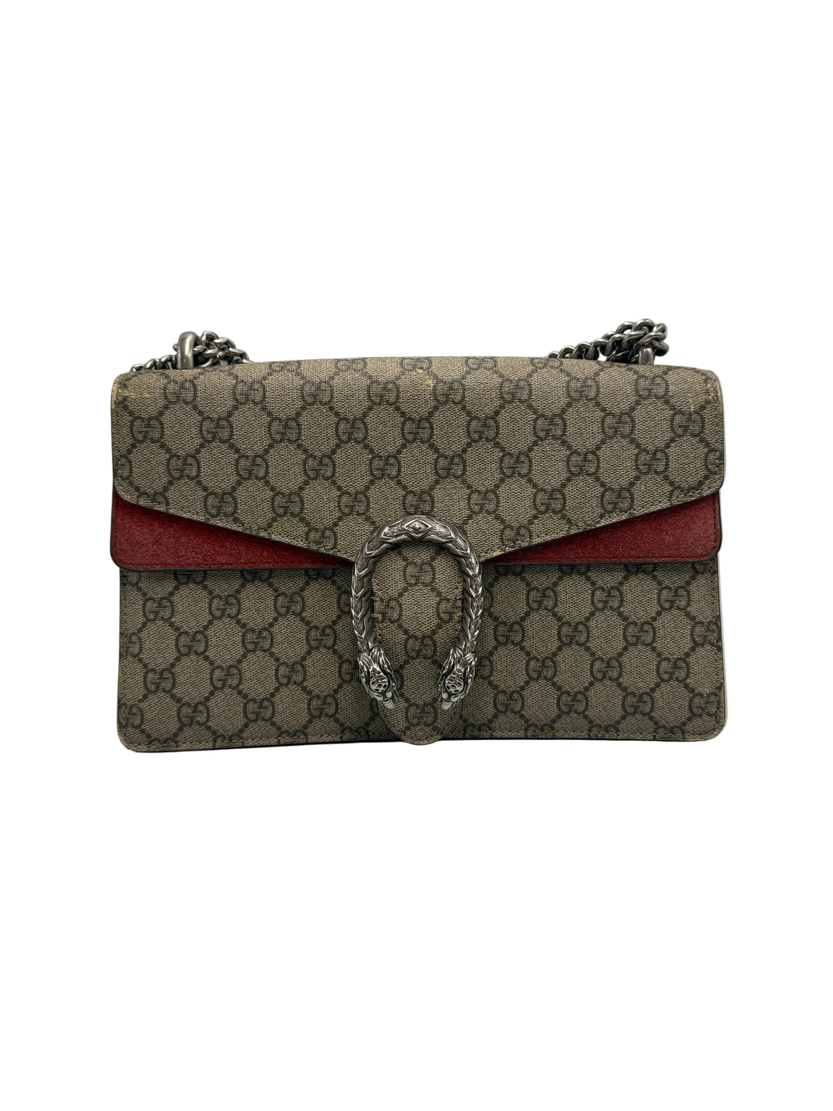 Front view of a Gucci Dionysus small shoulder bag in GG Supreme canvas with red suede trim and antiqued silver tiger head spur.