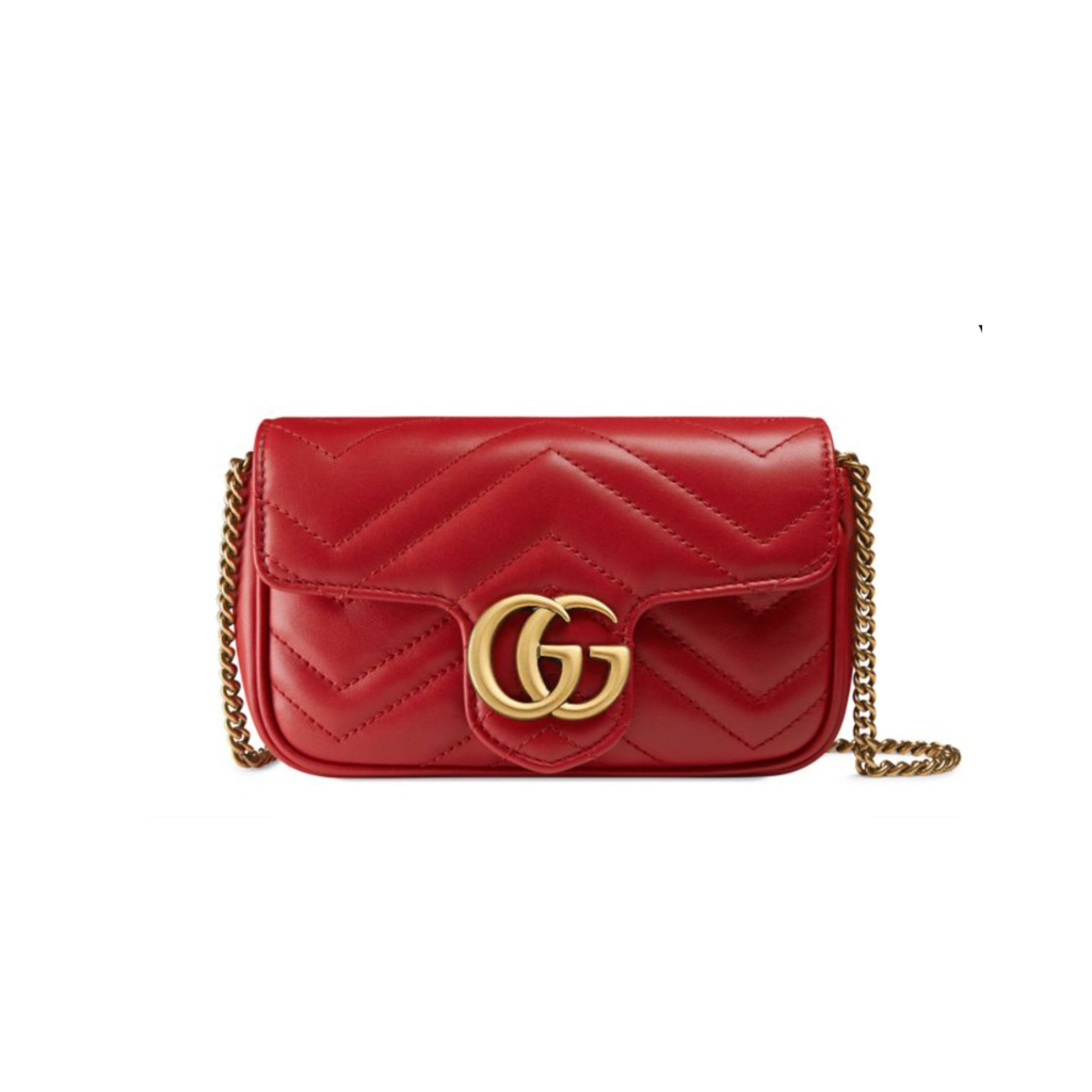 Gucci GG Marmont Super Mini bag in hibiscus red chevron matelassé leather with antique gold-tone Double G hardware.