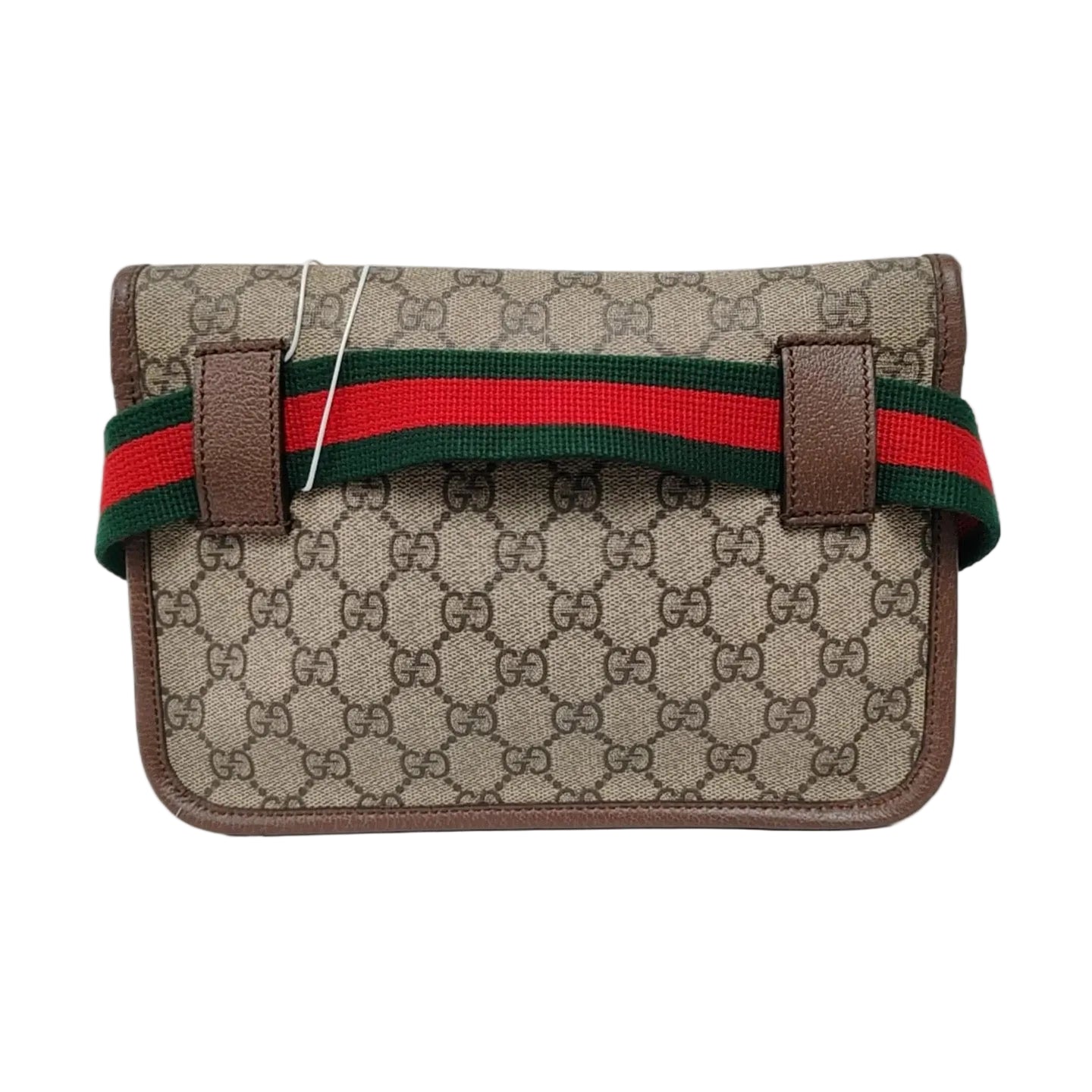 the back view of gucci gg canvas supreme in brown and classic gucci green and red strap 