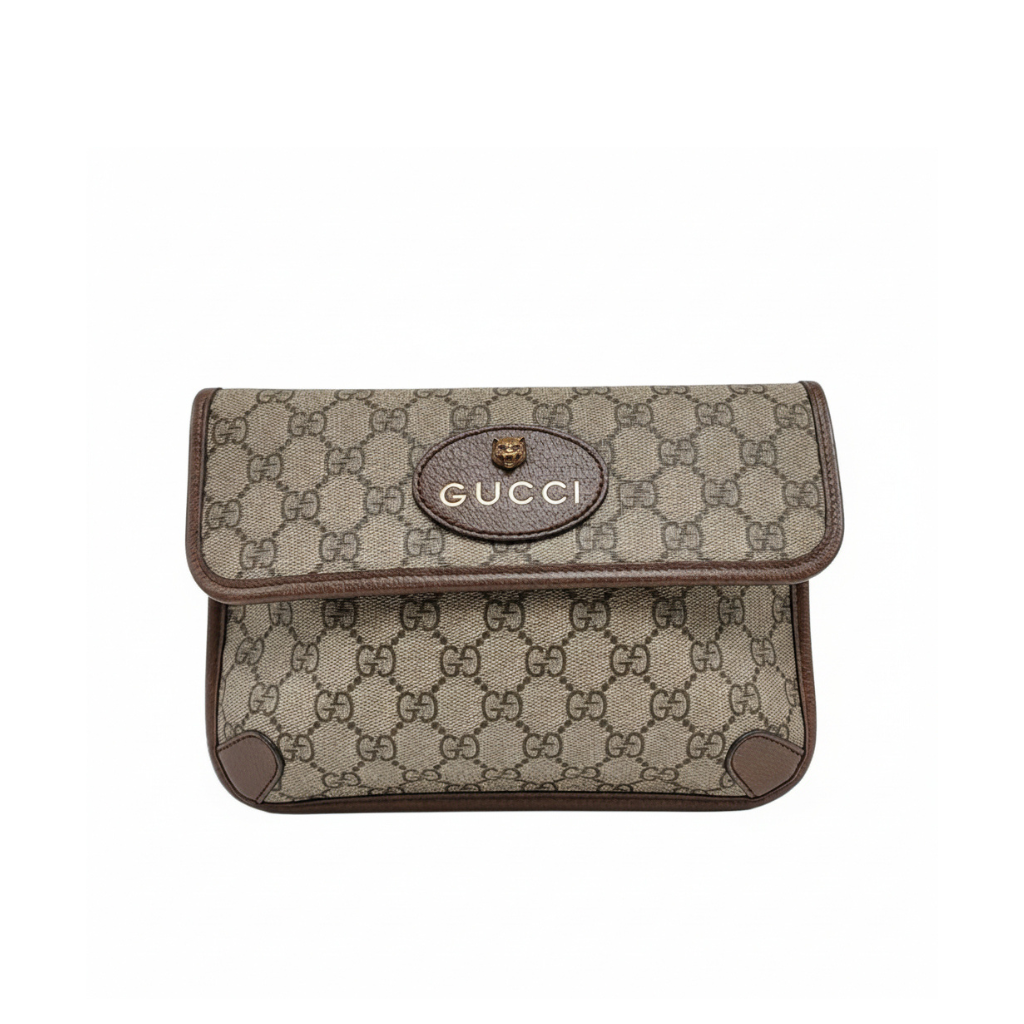 preloved gg supreme canvas in brown with crossbody strap can be worn as waist bag with tiger head 