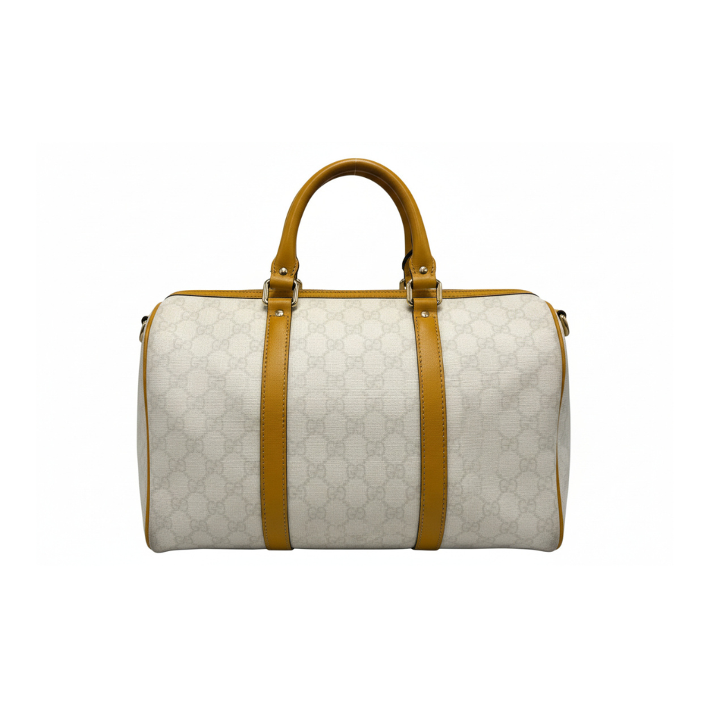Gucci Joy Boston bag in white GG Supreme coated canvas with yellow leather handles and trim