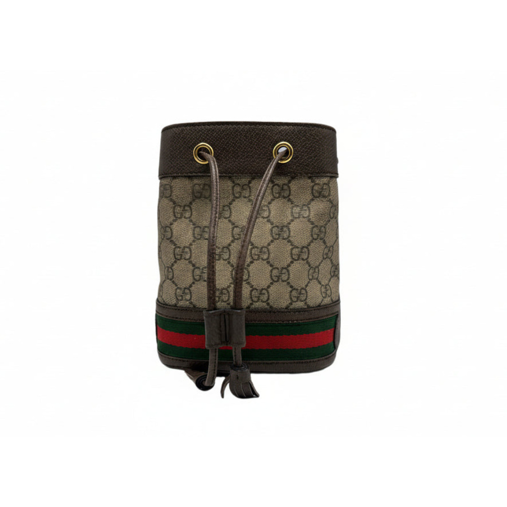 Gucci bucket bag with GG monogram pattern canvas and red and green stripe in great condition shows no marks or stain authentic and preowned 