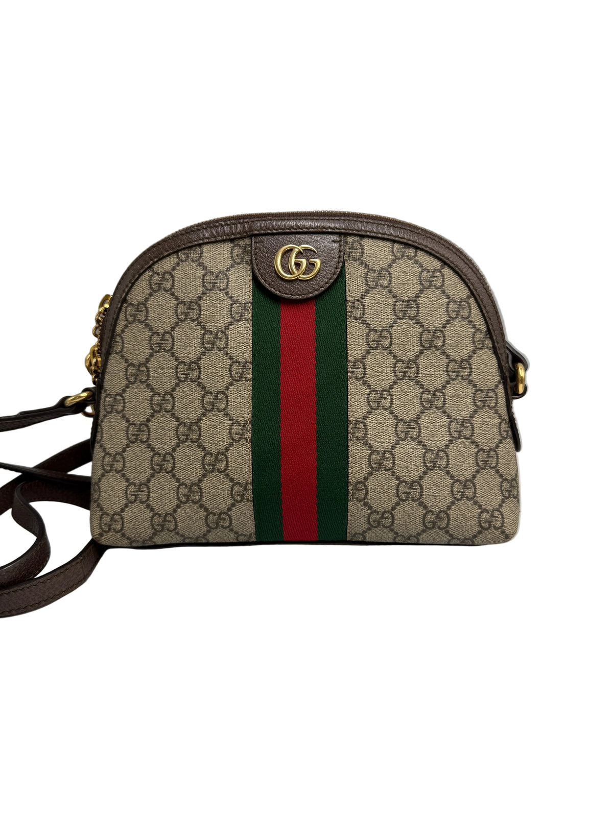 Front view of a Gucci Ophidia small dome shoulder bag in GG Supreme canvas with brown leather trim and red/green Web stripe.