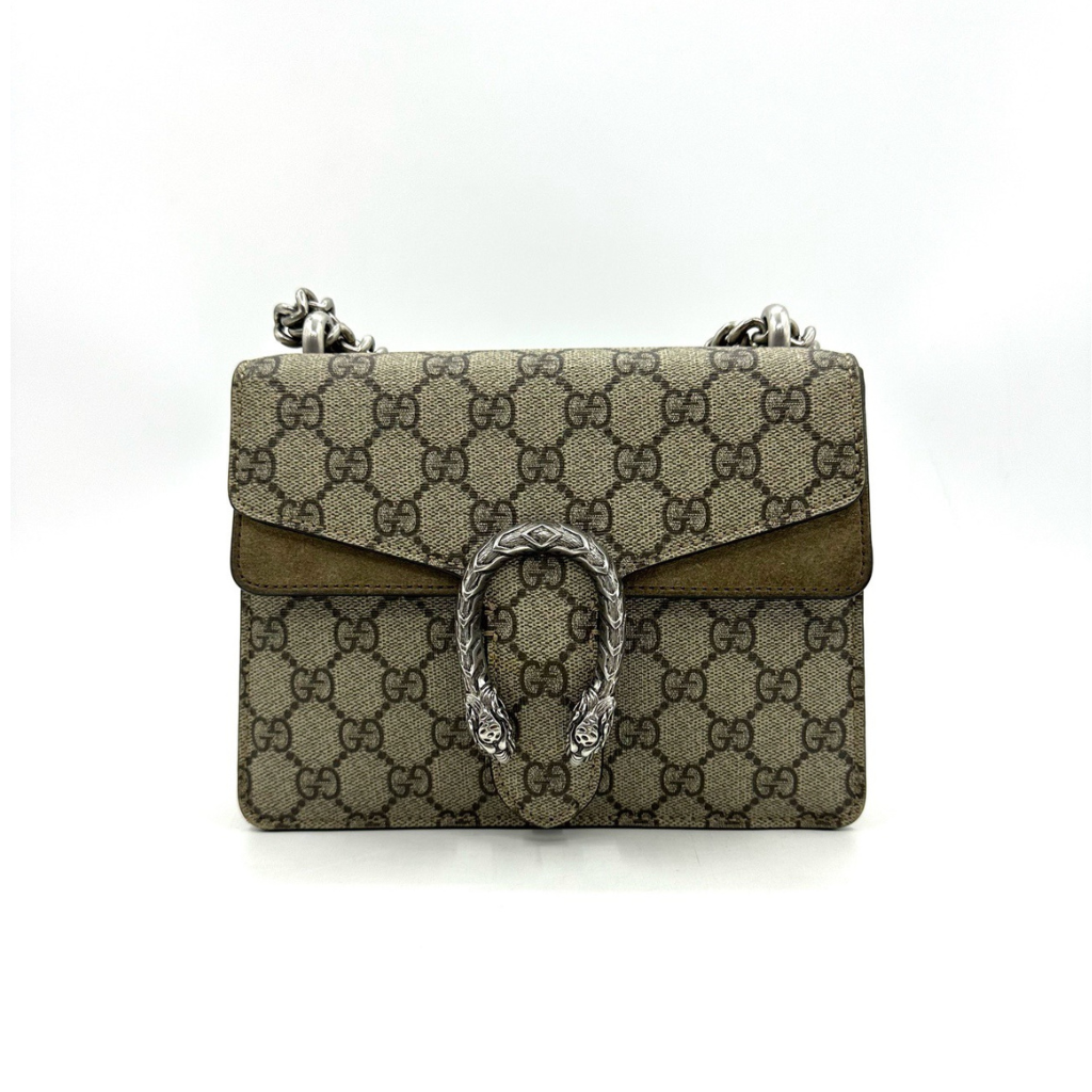 authentic preowned gucci gg canvas with brown suede with silver tiger head and crossbody strap designer bag in very good condition 
