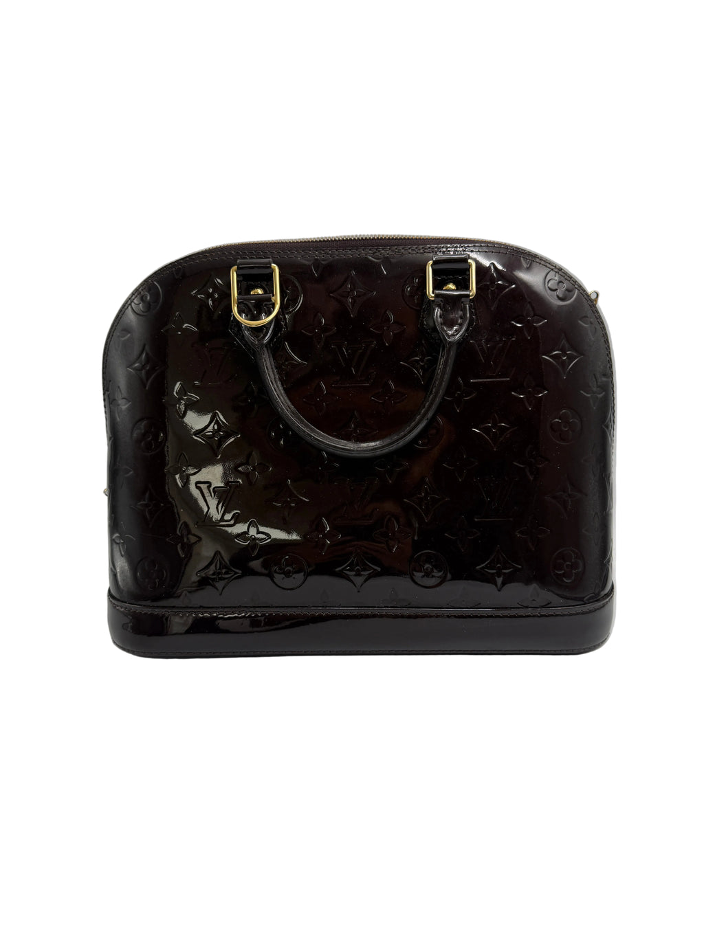 A Louis Vuitton glossy patent monogram handbag in very dark brown, featuring gold-tone hardware and top handles, photographed against a neutral light gray background.