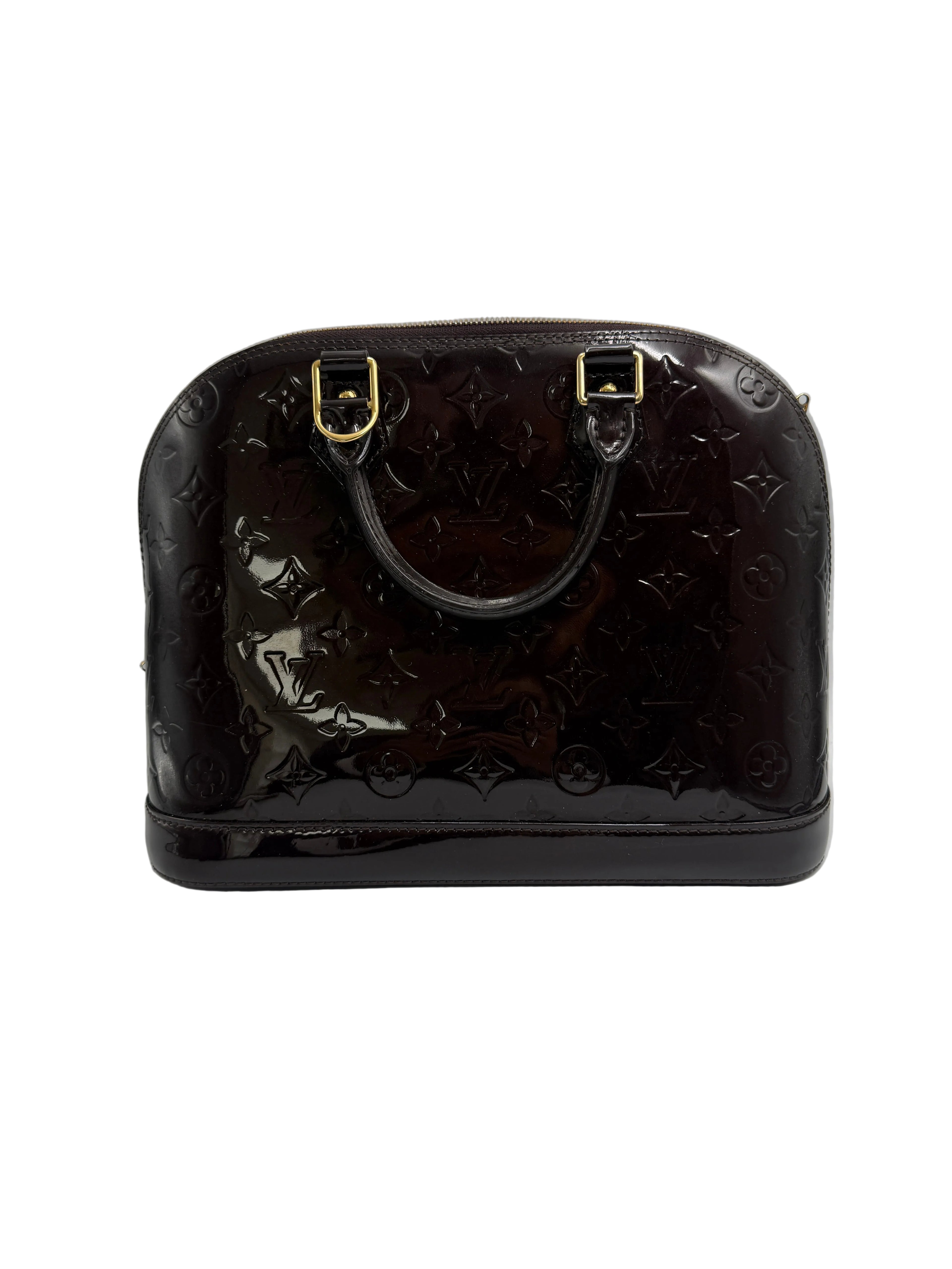 A Louis Vuitton glossy patent monogram handbag in very dark brown, featuring gold-tone hardware and top handles, photographed against a neutral light gray background.