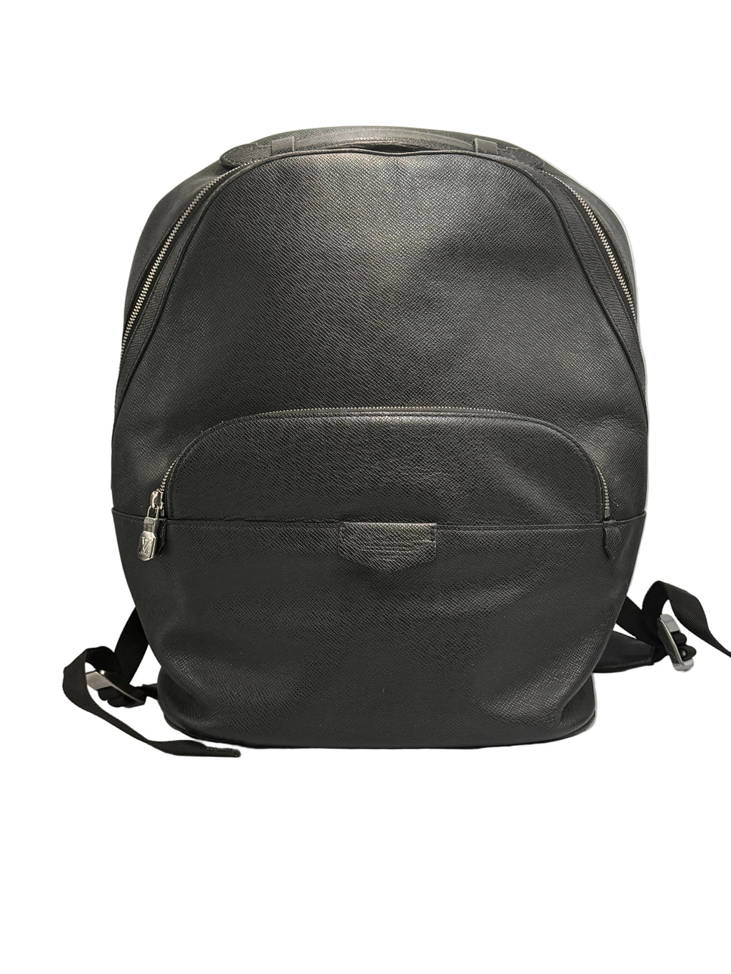 Front view of a Louis Vuitton Anton backpack in black Taiga leather with front zippered pocket and silver hardware.