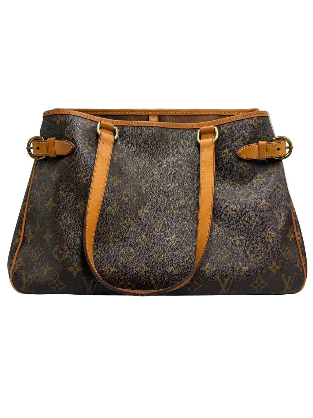 Front view of a vintage Louis Vuitton Batignolles Horizontal tote bag in Monogram canvas with tan vachetta shoulder straps and side buckles.