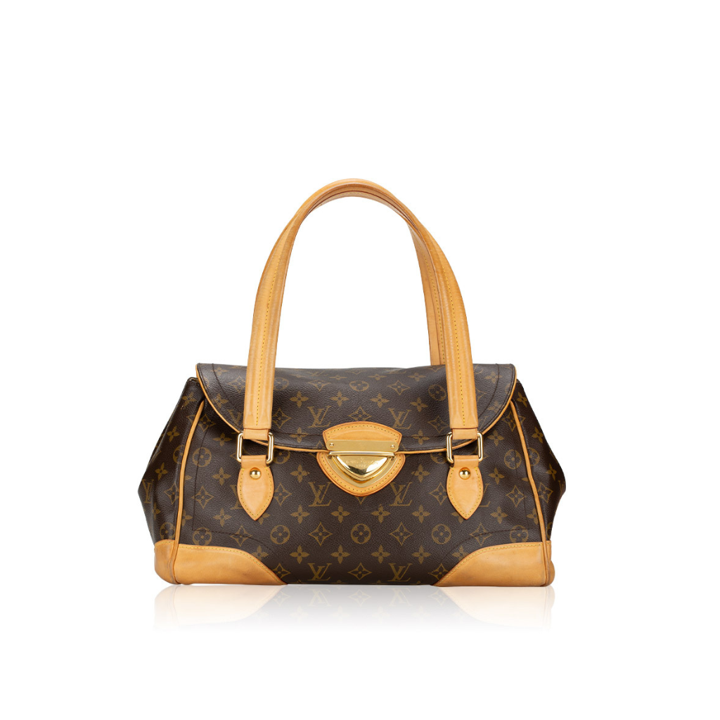 Front view of a vintage Louis Vuitton Beverly MM shoulder bag in Monogram canvas with gold push-lock closure and vachetta leather straps.