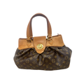 Front view of a vintage Louis Vuitton Boetie MM handbag in pleated Monogram canvas with honey vachetta leather trim and gold-tone turnlock.
