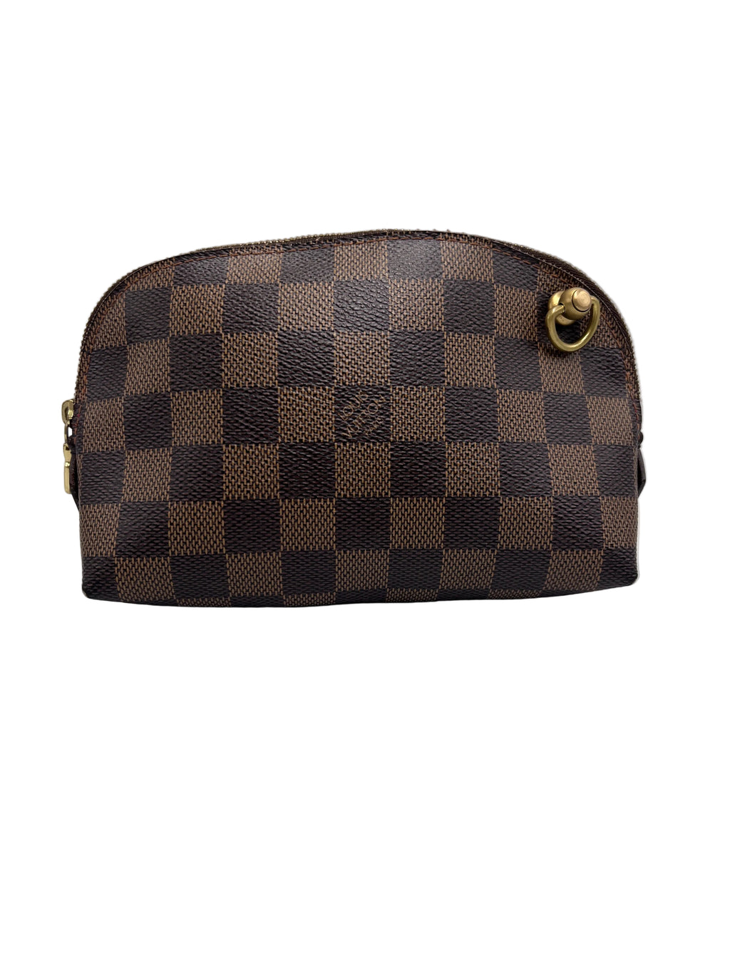 Front view of a Louis Vuitton Pochette Cosmetique pouch in Damier Ebene canvas featuring a brass D-ring and top zipper closure.
