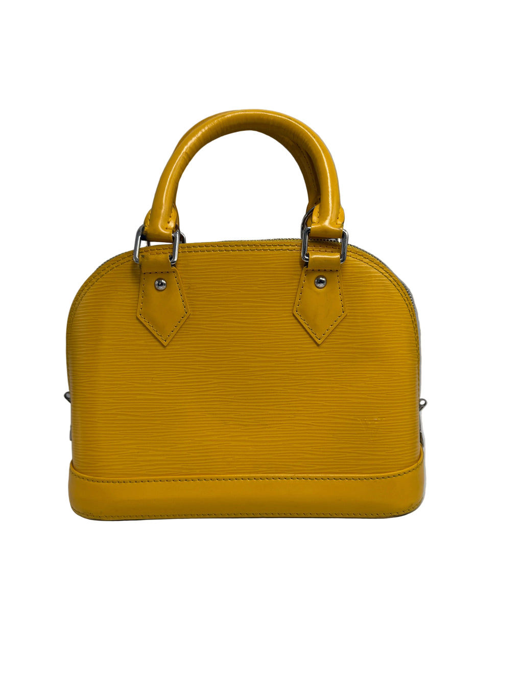A small structured handbag in bright yellow textured leather with a top handle, silver-tone hardware, and a zip-around closure, photographed against a plain light gray studio background.