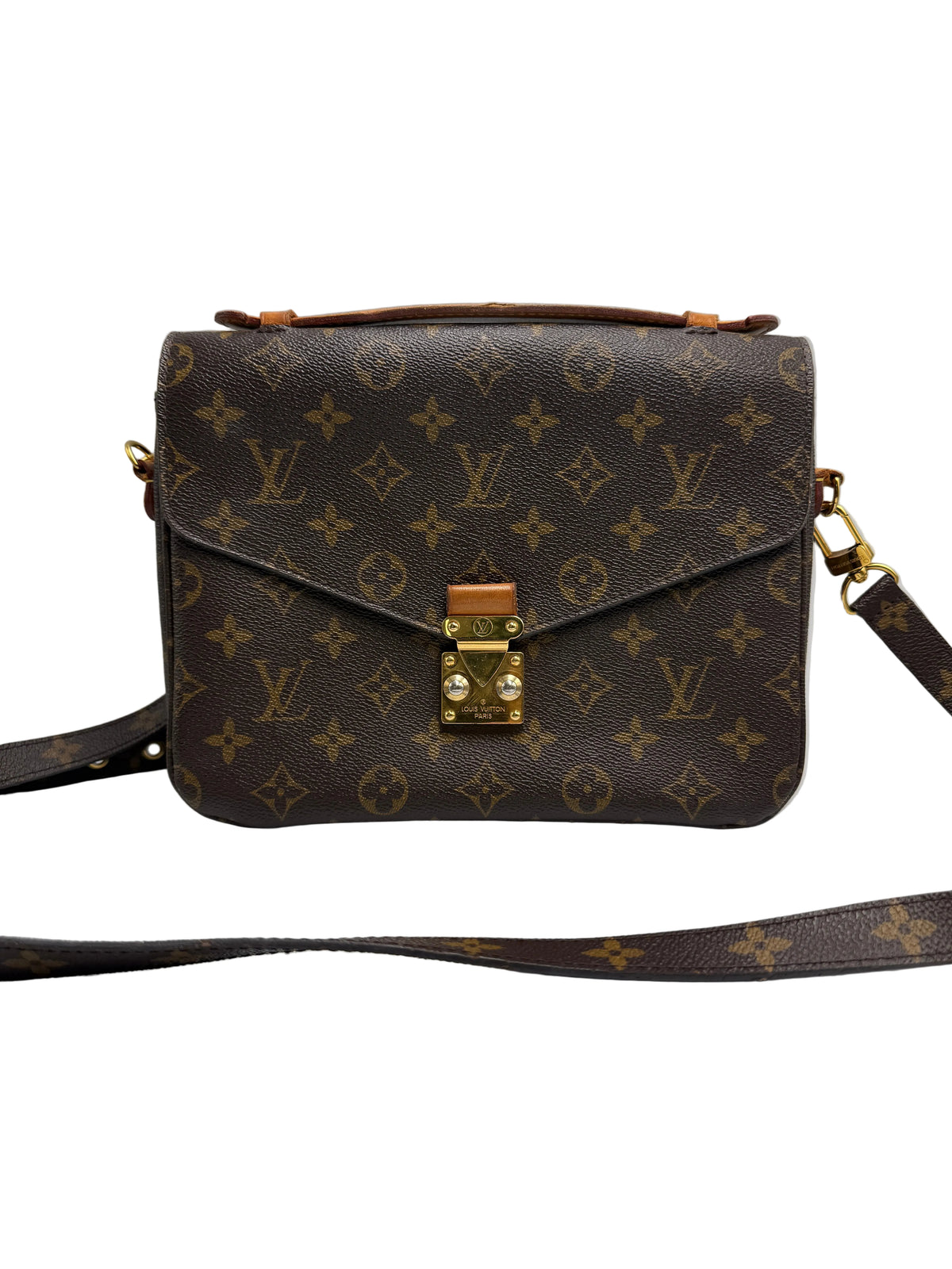 A Louis Vuitton monogram canvas shoulder bag in dark brown with gold-tone hardware and a top handle, shown against a neutral gray background.