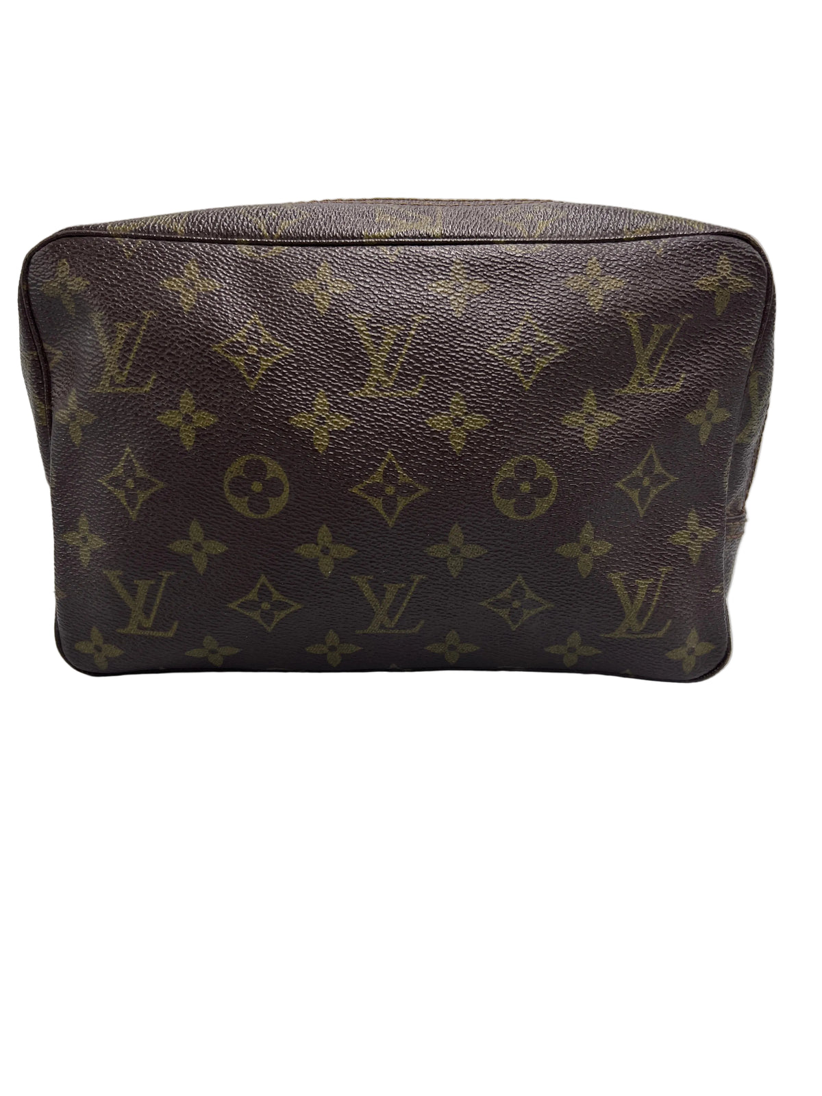 Front view of a vintage Louis Vuitton Trousse Toilette 28 cosmetic pouch in Monogram canvas.