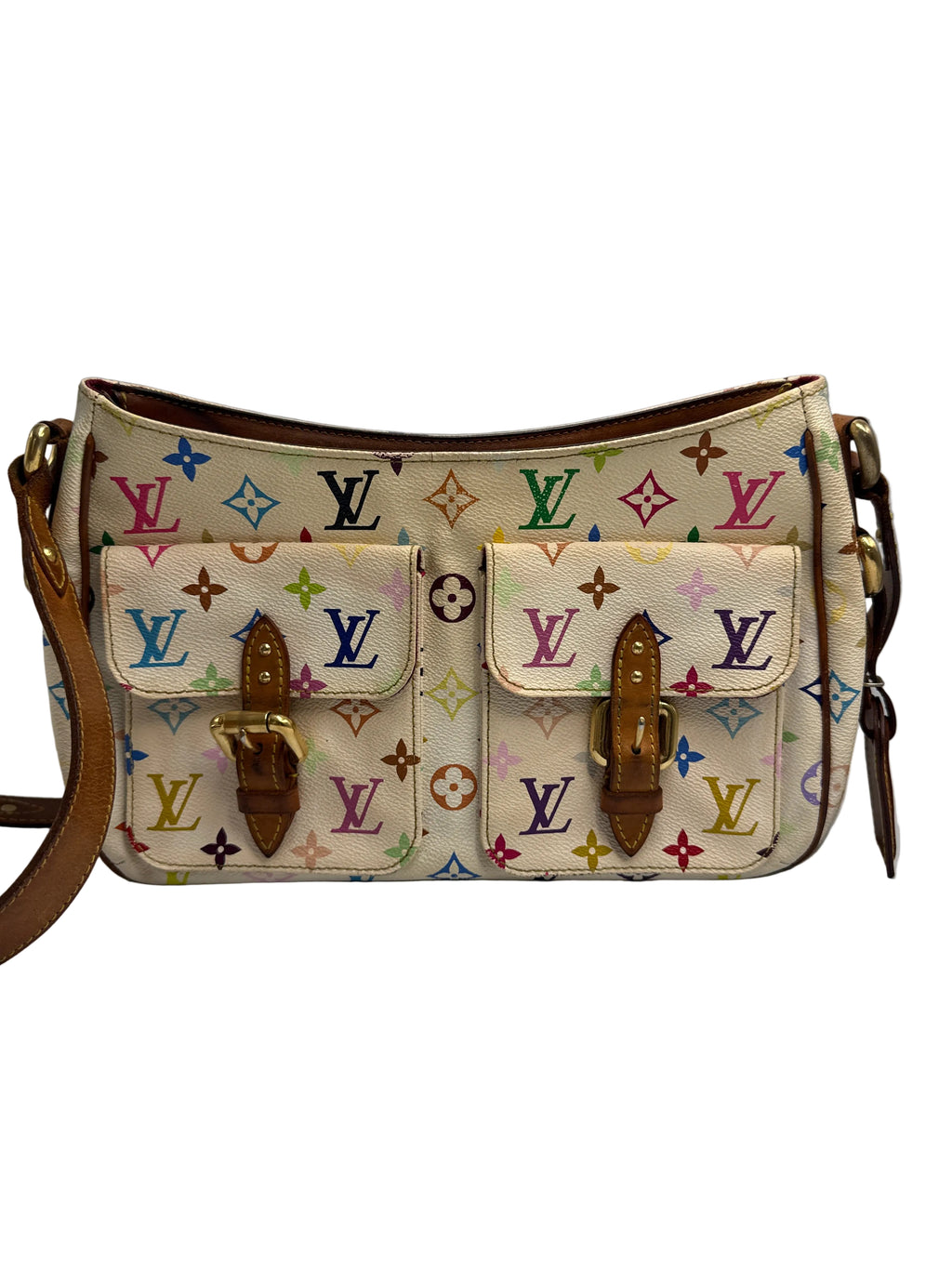 Front view of a Louis Vuitton x Takashi Murakami Monogram Multicolore Hudson GM shoulder bag in white canvas with front buckled pockets.