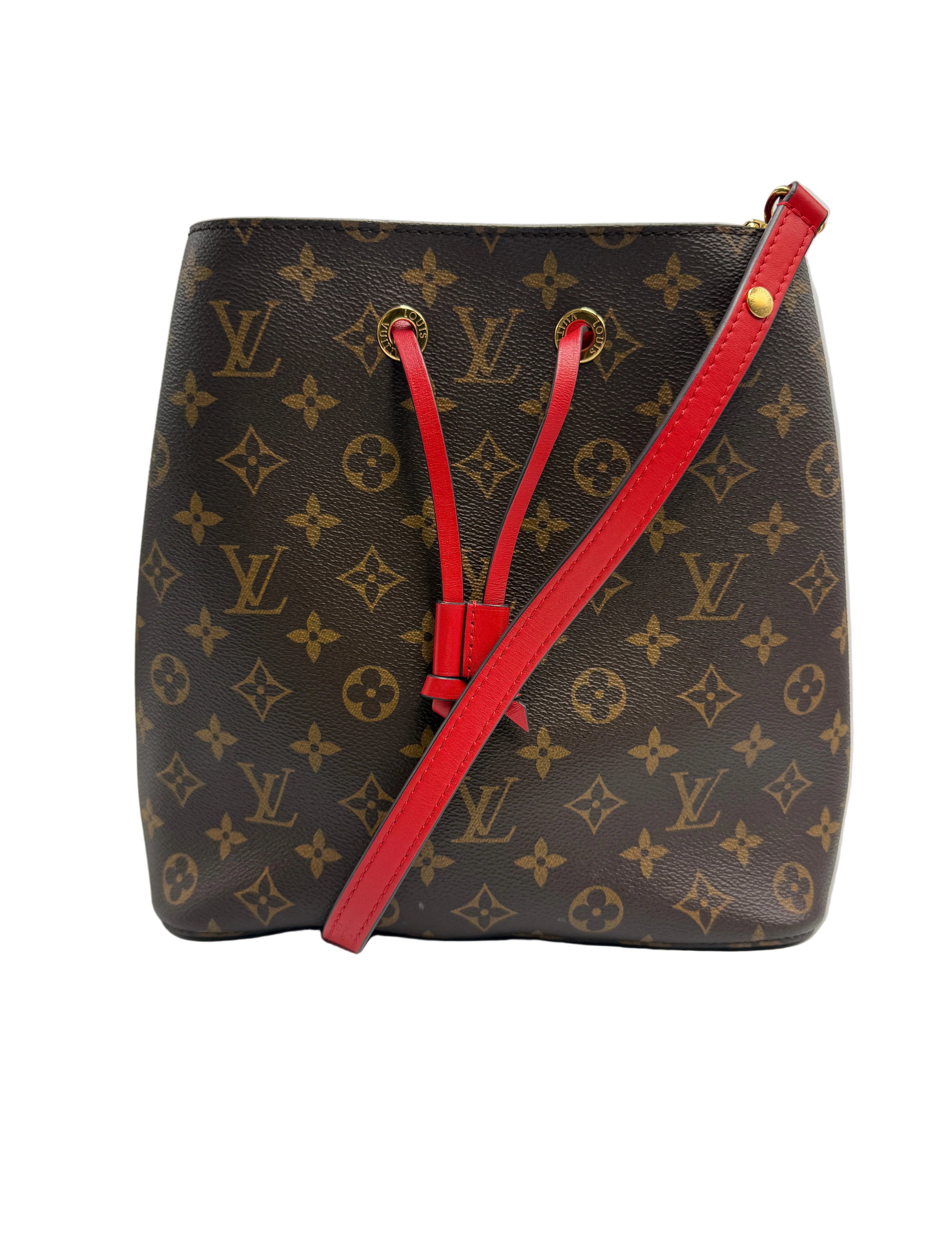 Front view of a Louis Vuitton NéoNoé MM bucket bag in Monogram canvas featuring Coquelicot red leather drawstring and strap.