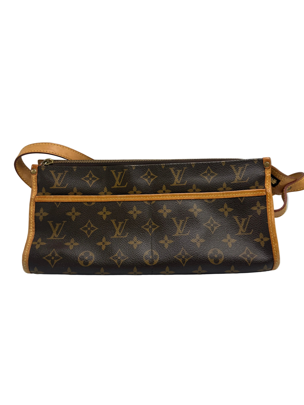 A Louis Vuitton monogram canvas shoulder bag in dark brown with tan leather trim and strap, shown against a neutral light gray background.