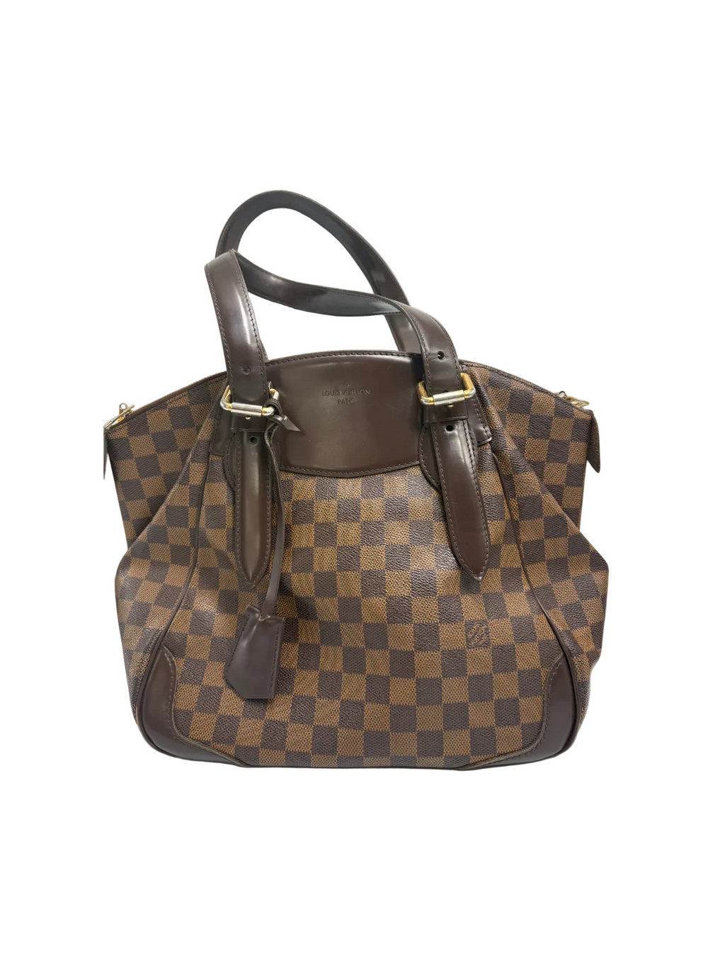 Front view of a Louis Vuitton Verona MM handbag in Damier Ébène canvas with dark brown leather handles, hanging clochette, and top zip closure.