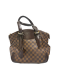 Front view of a Louis Vuitton Verona MM handbag in Damier Ébène canvas with dark brown leather handles, hanging clochette, and top zip closure.