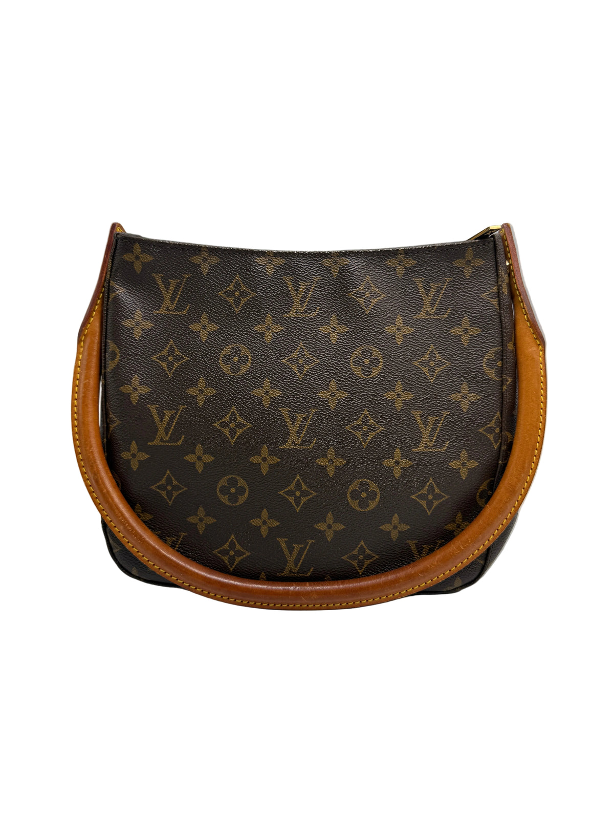 Front view of a vintage Louis Vuitton Loop PM shoulder bag in Monogram canvas with rounded tubular tan vachetta strap.