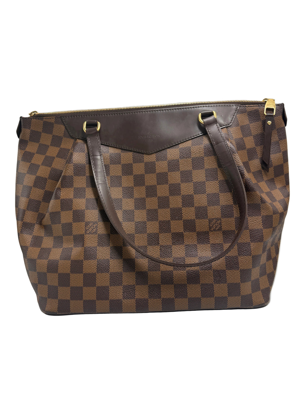 Front view of a Louis Vuitton Westminster GM tote bag in Damier Ébène canvas with dark brown leather shoulder straps and top zip closure.