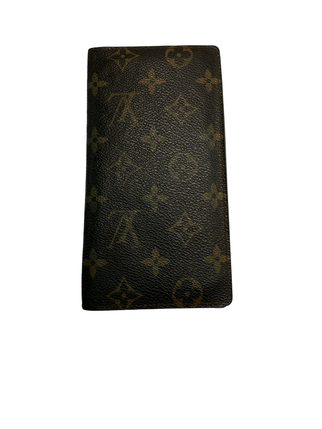 A Louis Vuitton monogram canvas checkbook wallet in dark brown with tan monogram motifs, photographed flat against a plain off-white background.