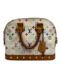 Louis Vuitton monogram canvas handbag with tan leather trim, dual top handles, and gold-tone hardware, photographed against a neutral light gray background.