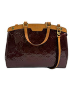A Louis Vuitton Speedy handbag in glossy burgundy monogram coated canvas with tan leather trim and handles, shown against a neutral light gray background.