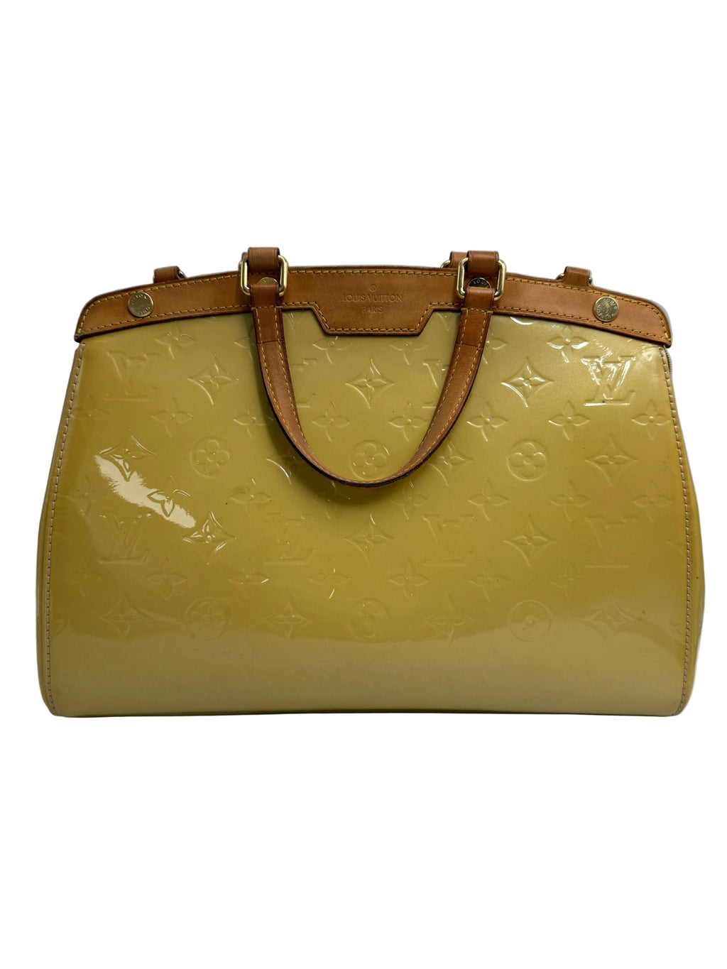 A Louis Vuitton monogram coated canvas handbag in a yellow-green shade with tan leather trim and handles, shown against a plain white background.