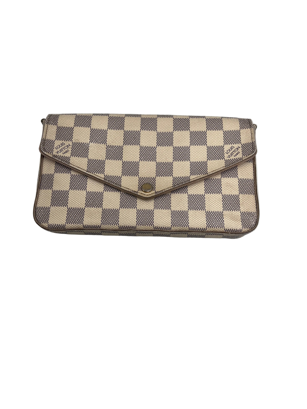 A Louis Vuitton clutch bag in the Damier Azur checkered canvas, featuring a beige and gray checkered pattern with a brown leather trim and a central snap button closure, set against a plain light gray background.
