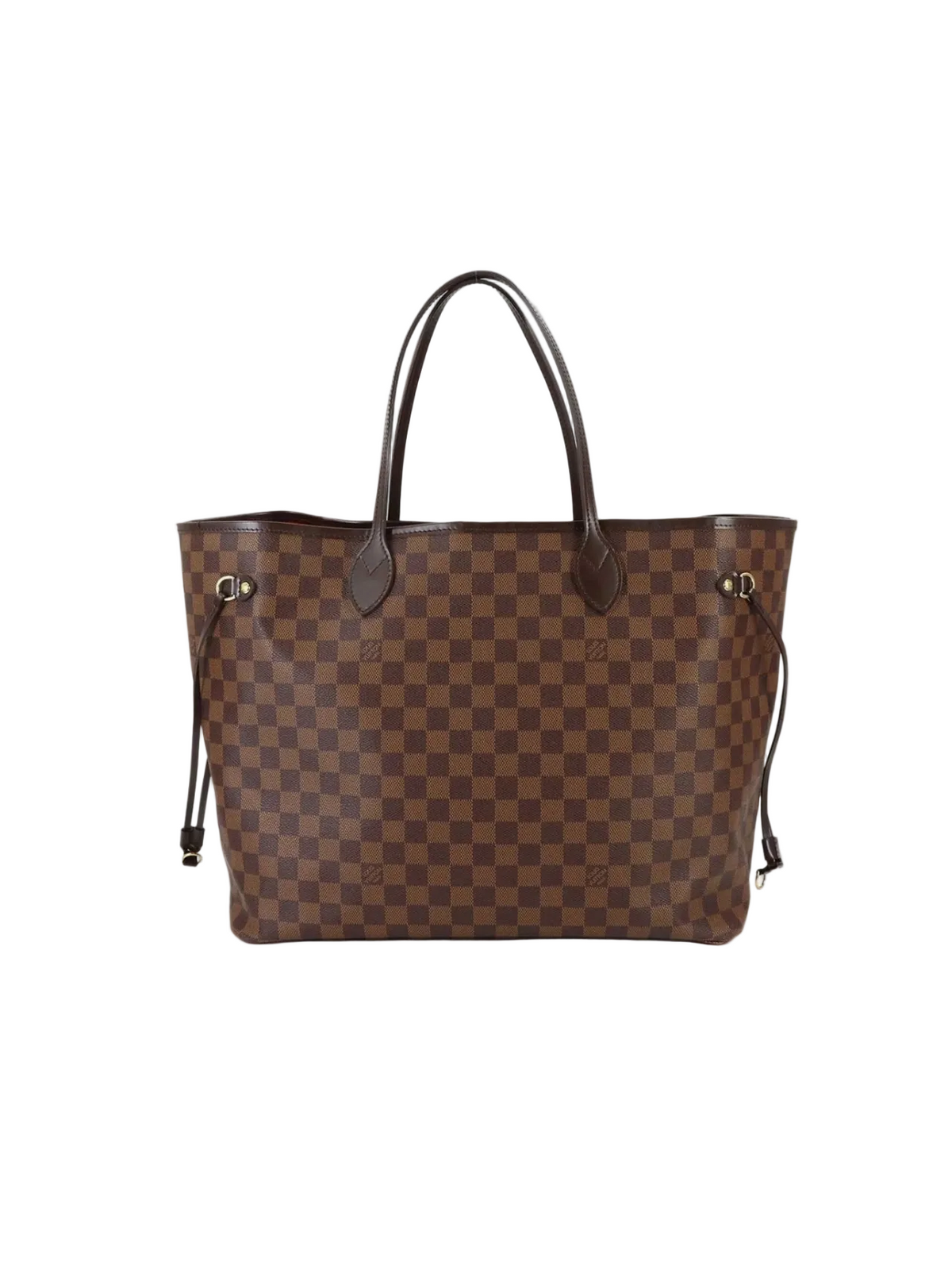 Louis Vuitton Neverfull tote bag in Damier Ebene canvas, featuring a brown and beige checkered pattern with dark brown leather handles and side details, shown against a light gray background with 'LOUIS VUITTON' and 'LIBERTY OF AUTHENTICITY PURPOSE' text overlays.