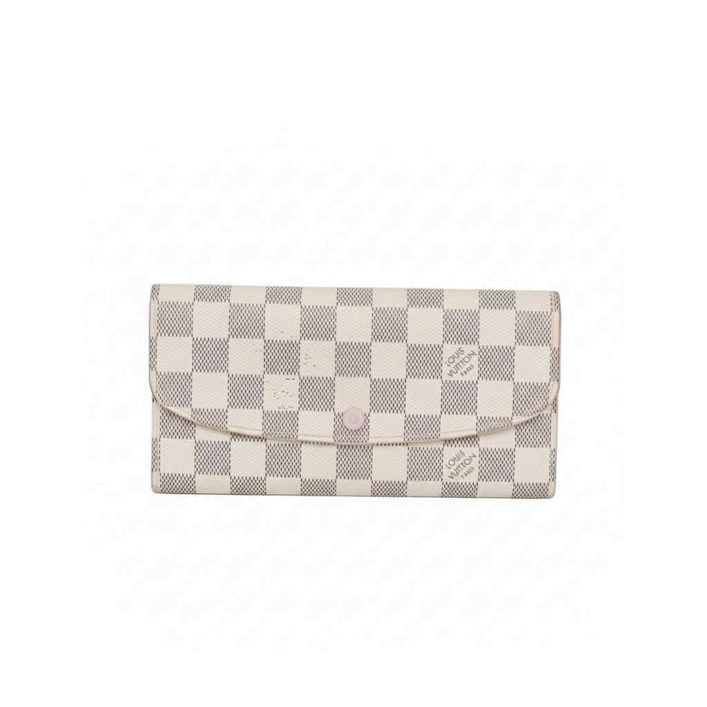 preloved louis vuitton white damier azur emilie long wallet with button closure for sale in great condition 