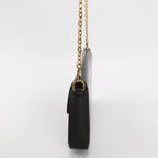 side view of black patent leather louis vuitton felicie pochette with shoulder strap