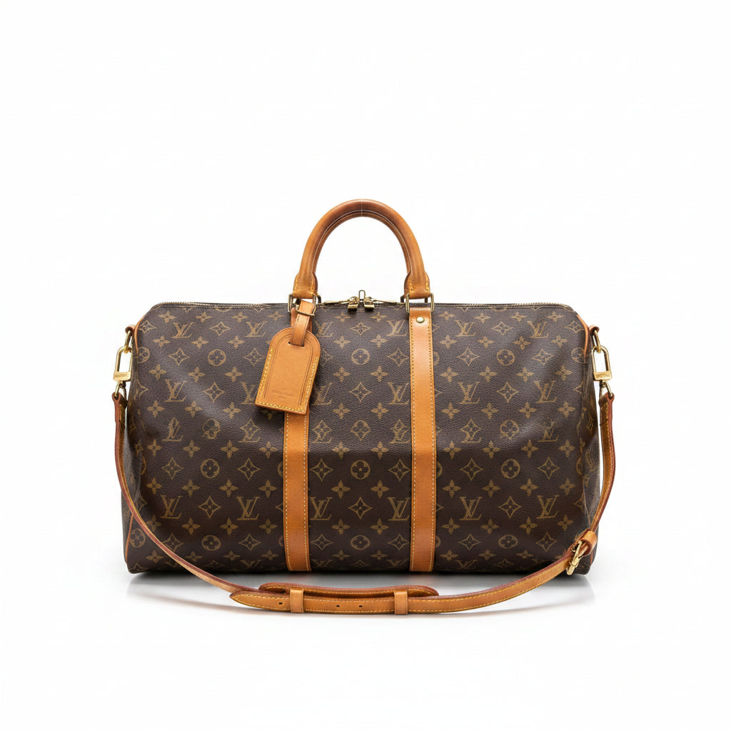 A Louis Vuitton monogram canvas Speedy bag with tan leather handles and straps, shown on a clean white background.