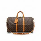 A Louis Vuitton monogram canvas Speedy bag with tan leather handles and straps, shown on a clean white background.