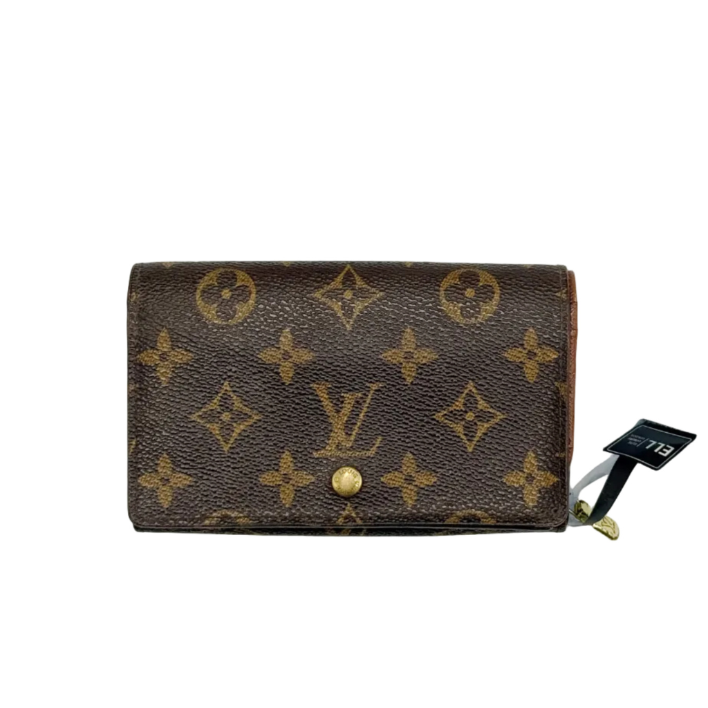 authentic louis vuitton monogram in canvas wallet with gold hardware button for sale 
