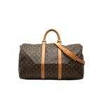 Louis Vuitton monogram canvas duffel bag with tan leather handles and shoulder strap, shown against a plain white background.