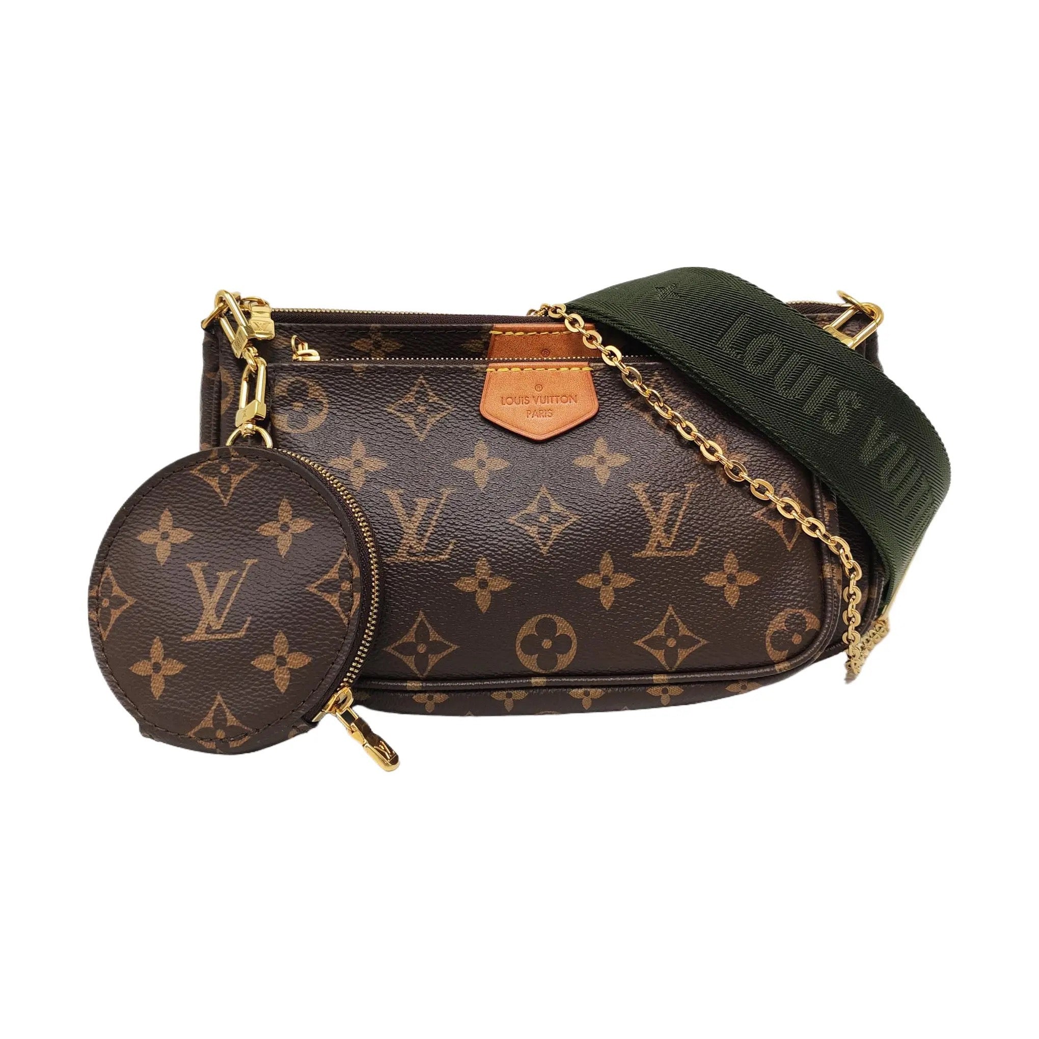 secondhand authentic Louis Vuitton handbag with monogram pattern and green crossbody strap and in great condition for sale 