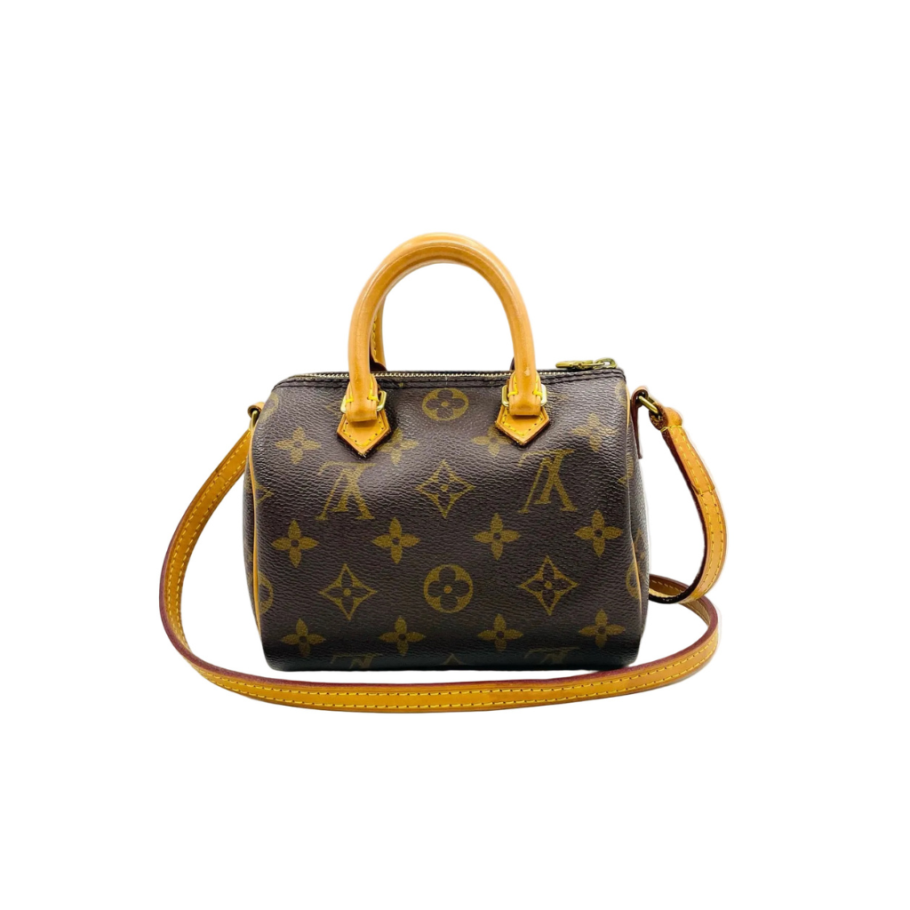 authentic preloved louis vuitton nano speedy with strap crossbody duffle bag in monogram classic designer vintage bag for sale 