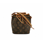 preloved luxury designer louis vuitton crossbody bucket handbag in classic brown monogram and patina vachetta lether in excellent condition 